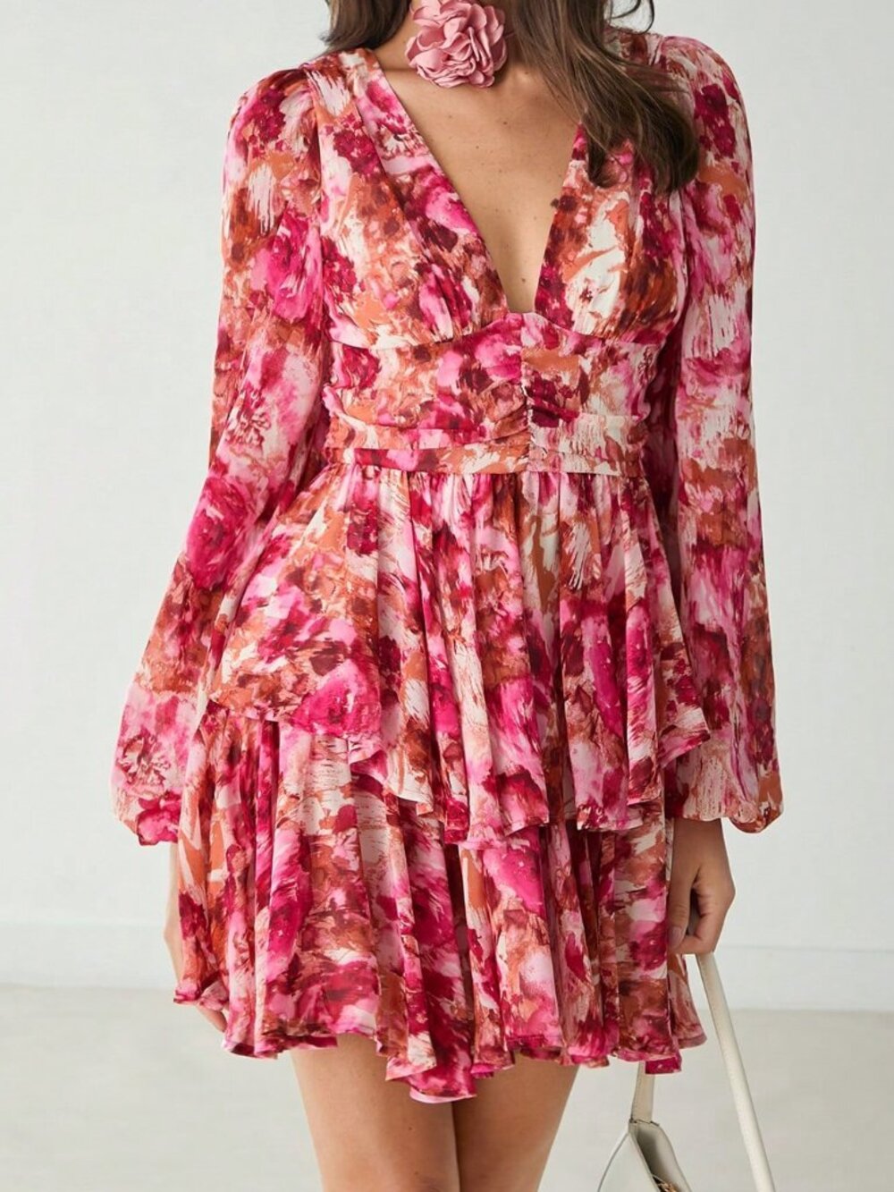 Hot Pink Boho Women's V-Neck Long Sleeve Floral Allover Print Short Casual Dress - Picture 7 of 10